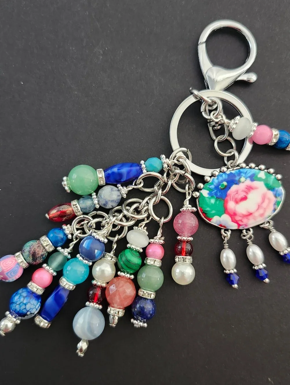 Floral Purse Charm or Keychain Agate Aventurine Sodalite Jade Handcrafted